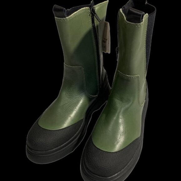 NWT ZARA Tall Leather Combat Style Ankle Boots High Low in Green and Black Sz 7 - Picture 1 of 9